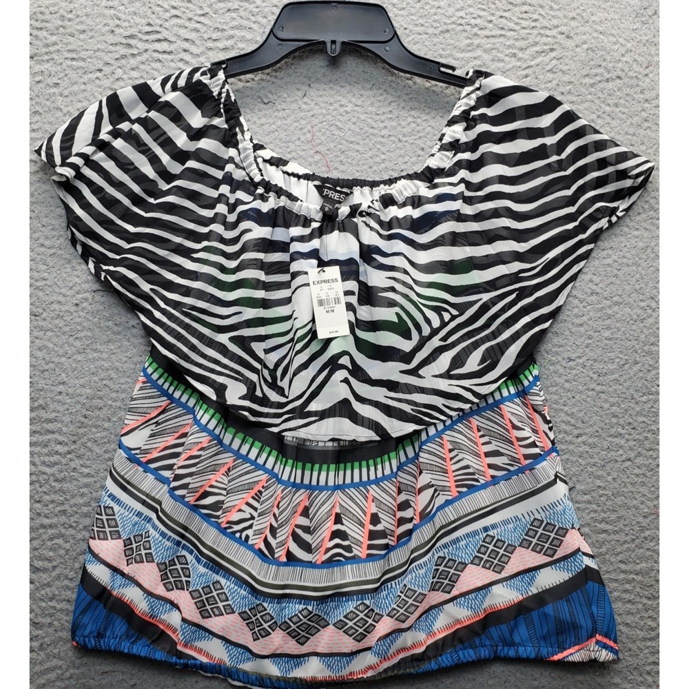 Express Blouse Top Womens M Multi Geometric Sheer Cap Sleeve Stretch Elastic Hem